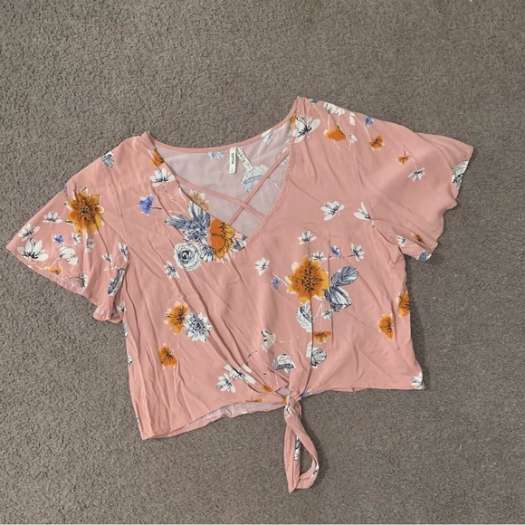 Mudd Pink Floral Crop Top Criss Cross V Neck Tie Front Cropped Short Sleeve LG - Picture 10 of 10